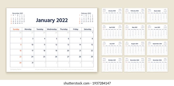 Calendar 2022 Year. Planner Template. Week Starts Sunday. Vector. Yearly Stationery Organizer. Calender Layout. Table Schedule Grid. Horizontal Monthly Diary With 12 Month. Simple Illustration.