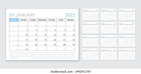 Calendar for 2022 year. Planner template. Week starts Sunday. Vector. Monthly calender organizer. Table schedule grid with 12 month. Corporate yearly diary layout. Horizontal simple illustration.