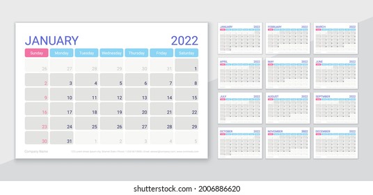 Calendar for 2022 year. Planner template. Week starts Sunday. Vector. Monthly calender organizer with 12 month. Table schedule grid. Corporate yearly diary layout. Horizontal simple illustration.