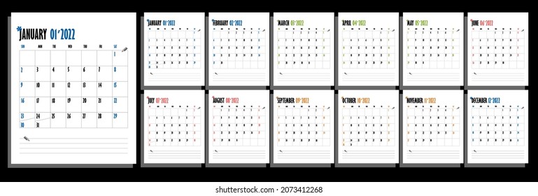 Calendar 2022. Year planner. Week starts on Sunday. Basic grid - template for annual calendar 2022. There is a place for notes on each page. Plan your day.