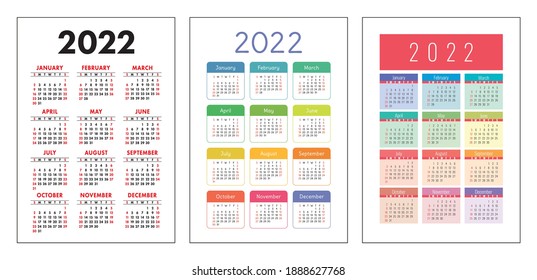 Calendar 2022 year set. Vector pocket or wall calender template collection. Week starts on Sunday. 