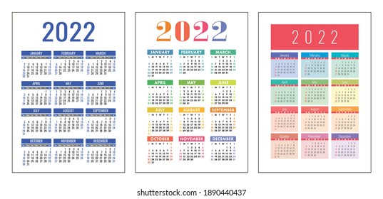 Kalenderjahr 2022 Vorlagensammlung für Vektortasche oder Wandkalender.  Die Woche beginnt am Sonntag. Januar, Februar, März, April, Mai, Juni, Juli, August, September, Oktober, Dezember