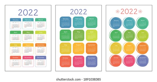 Calendar 2022 year set. Vector pocket or wall calender template collection. Week starts on Sunday. January, February, March, April, May, June, July, August, September, October, November, December