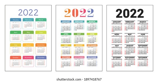 Calendar 2022 year set. Vector pocket or wall calender template collection. Week starts on Sunday. January, February, March, April, May, June, July, August, September, October, November, December