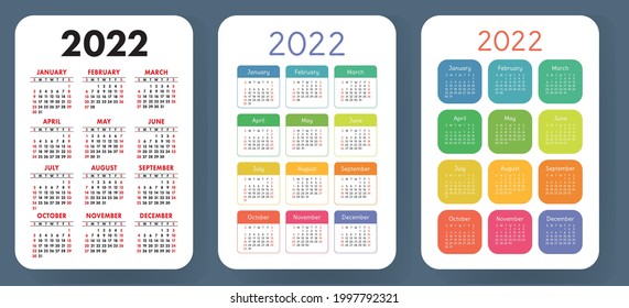 Calendar 2022 year set. Vector pocket calender. January, February, March, April, May, June, July, August, September, October, November, December