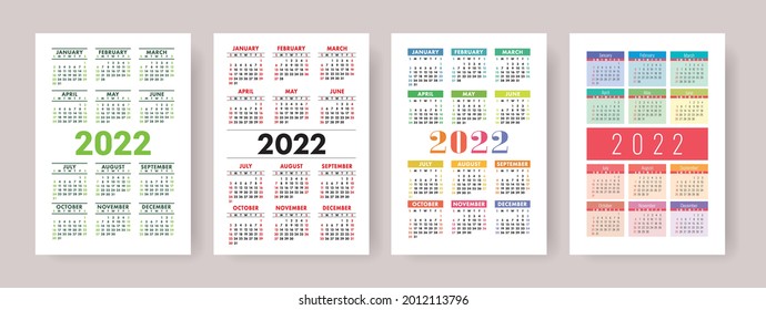 Kalenderjahr 2022 Kollektion von Vektorvorlagen. Einfaches Design. Die Woche beginnt am Sonntag. Januar, Februar, März, April, Mai, Juni, Juli, August, September, Oktober, Dezember