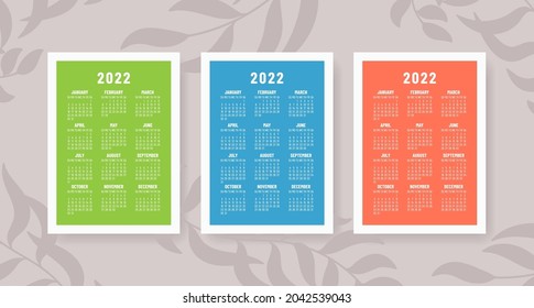 Calendar 2022 year set. Vector template collection. Simple design. Week starts on Sunday