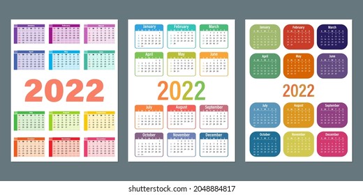 Calendar 2022 year set. Vector template collection. Simple design. Week starts on Sunday. 