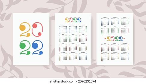 Calendar 2022 year set. Vector template collection. Graphic design. Lettering. January, February, March, April, May, June, July, August, September, October, November, December