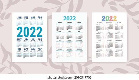 Calendario 2022. Colección de plantillas de vectores. Diseño gráfico. La semana comienza el domingo. Enero, febrero, marzo, abril, mayo, junio, julio, agosto, septiembre, octubre, noviembre, diciembre
