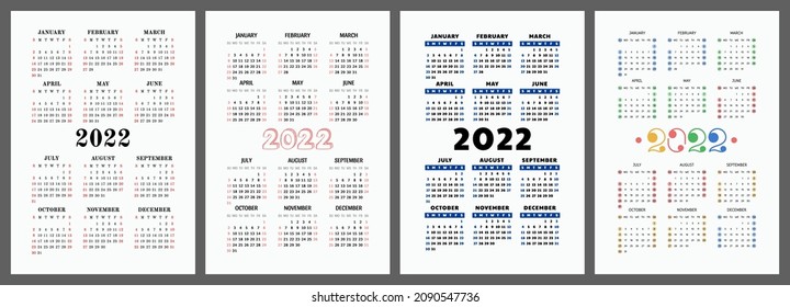 Calendar 2022 year set. Vector template collection. Graphic design. Week starts on Sunday. January, February, March, April, May, June, July, August, September, October, November, December