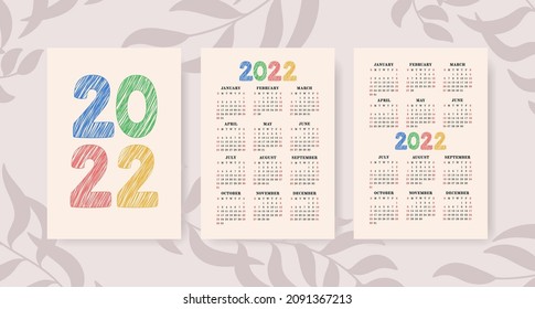 Calendario 2022. Colección de plantillas de vectores. Diseño gráfico. Dejando. Enero, febrero, marzo, abril, mayo, junio, julio, agosto, septiembre, octubre, noviembre, diciembre