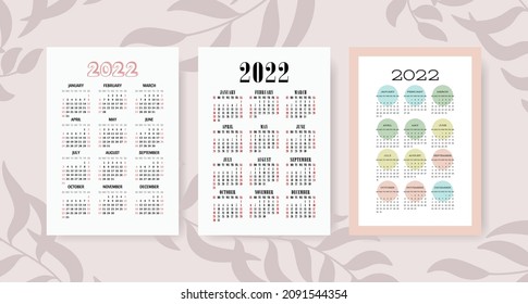 Calendar 2022 year set. Vector template collection. Graphic design. Week starts on Sunday. January, February, March, April, May, June, July, August, September, October, November, December