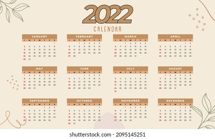 Calendar 2022 year set. Vector template collection. Simple design. Week starts on Sunday. January, February, March, April, May, June, July, August, September, October, November, December