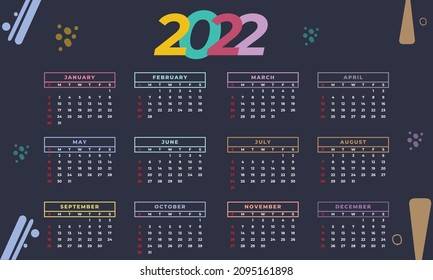 Calendar 2022 year set. Vector template collection. Simple design. Week starts on Sunday. January, February, March, April, May, June, July, August, September, October, November, December