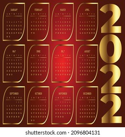 Calendario 2022. Colección de plantillas de vectores. Diseño sencillo. La semana comienza el domingo. Enero, febrero, marzo, abril, mayo, junio, julio, agosto, septiembre, octubre, noviembre, diciembre