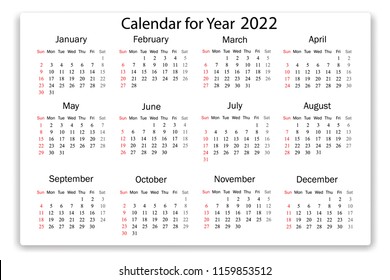 Calendar 2022 year in simple style on white background. Week starts from Sunday. Vector illustration.