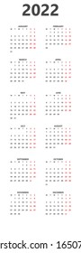Estilo sencillo del calendario 2022. La semana empieza desde el lunes. Orientación vertical, calendario de 2022 años. Plantilla de planificador de diseño para 2022 años.  Ilustración vectorial
