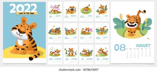 Calendar for 2022 - year of the tiger. A cute funny striped tigers are having fun and relaxing. Cartoon vector template for calendar or planner