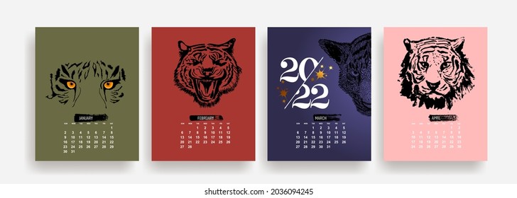 Calendar 2022, calendar 2022, Year of the tiger. January, february, march, april. Sunday week start, corporate design planner template. Vector illustration. Isolated on white background.