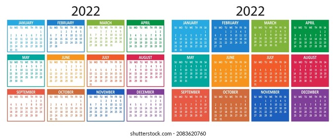Calendario 2022 año colección de vectores. La semana comienza el domingo. Ilustración moderna