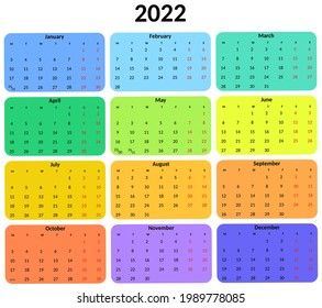 Calendar 2022 year. Vector design colorful template on white background for organization and business. Week Starts Monday.