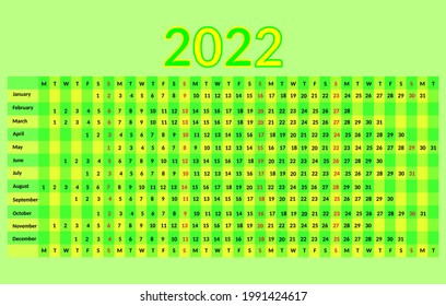 Calendar 2022 year. Vector design green and yellow color template for organization and business
