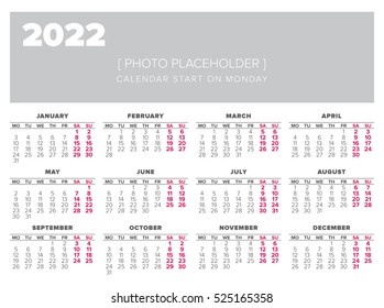 Calendar 2022 year vector design template, start on monday