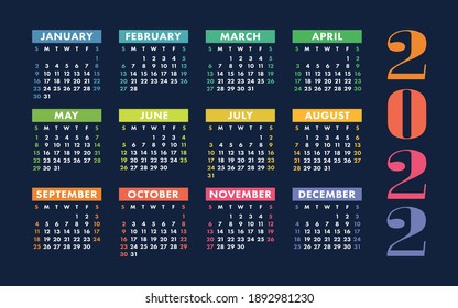 Calendar 2022 year. Vector kid's pocket or wall calender template. Simple design. Week starts on Sunday