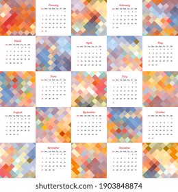 Calendar for 2022 year. Vector template with colorful abstract mosaic patterns. 