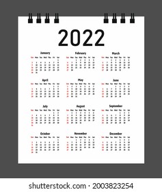 Calendar 2022 year. Vector. Week starts on Sunday. 