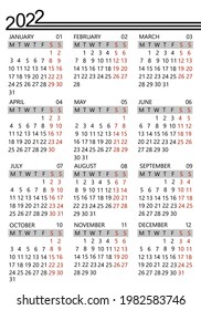 Calendar 2022 year. Week start on Monday. Vector illustration.