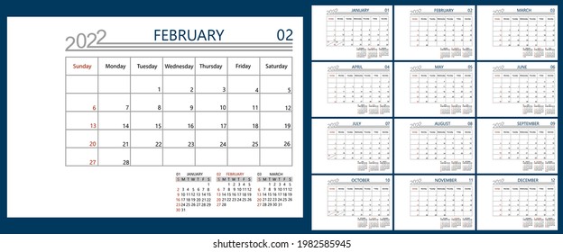 Calendar 2022 year. Week start Sunday. Planner diary template for corporate and business calendar.