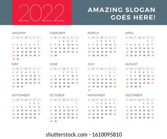 Calendar for 2022 year. Week starts on Sunday. Printable vector stationery design template
