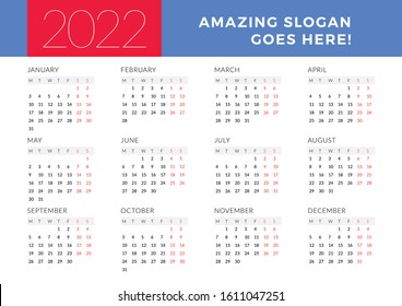 Calendar for 2022 year. Week starts on Monday. Printable vector stationery design template