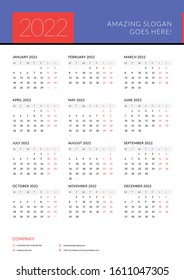 Calendar for 2022 year. Week starts on Monday. Printable vector stationery design template