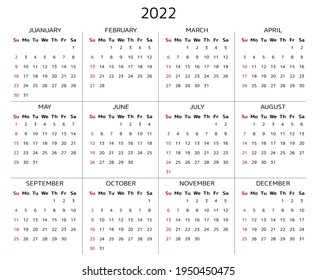 Calendar for 2022 year, week starts on sunday. Template planner for schedule, events and holidays. Vector layout for next year in minimal style