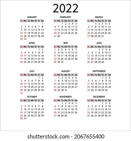 Calendar 2022 year. Week starts on Sunday. Simple year template of pocket , wall calendar,desk calendar,planner diary.Vector illustration.Black numbers on white background.