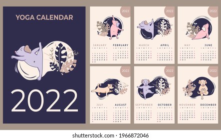 Calendar 2022. Yearly calendar. concept design - Yoga for pets. Set of templates for 12 months 2022 with cute dogs meditating, doing yoga and fitness. Vector. 6 pages of 2 months A4 size and cover