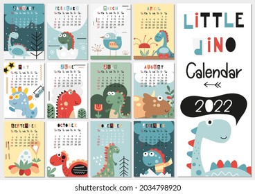 Calendar 2022. Yearly Planner Calendar with all Months. Templates with little dinosaur. Vector illustration. Great for kids, nursery, poster and printable.