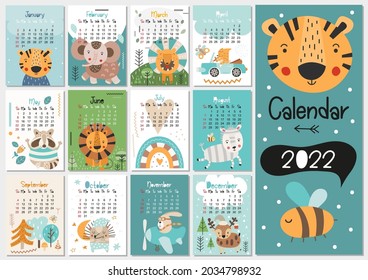 Calendar 2022. Yearly Planner Calendar with all Months. Templates with cute safari animals. Vector illustration. Great for kids, nursery, poster and printable.