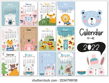 Calendar 2022. Yearly Planner Calendar with all Months. Templates with cute hand drawn animals in Scandinavian style. Vector illustration. Great for kids, nursery, poster and printable.