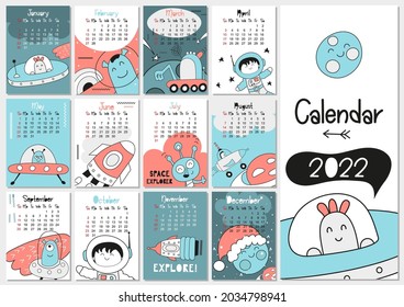 Calendar 2022. Yearly Planner Calendar with all Months. Templates with cute cosmos UFO characters. Vector illustration. Great for kids, nursery, poster and printable.