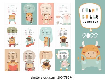 Calendar 2022. Yearly Planner Calendar with all Months. Templates with cute cow and bull. Vector illustration. Great for kids, nursery, poster and printable.