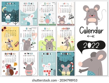 Calendar 2022. Yearly Planner Calendar with all Months. Templates with cute mouse. Vector illustration. Great for kids, nursery, poster and printable.