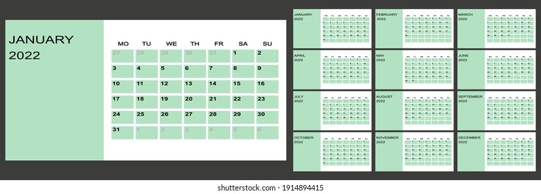 Calendar 2022 yearly. Week starts on Monday. Vector illustration.