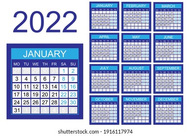 Calendar 2022 yearly. Week starts on Monday. Vector illustration.