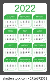 Calendar 2022 yearly. Week starts on Sunday. Vector illustration, green eco design.