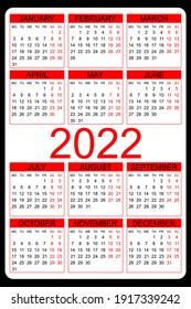 Calendar 2022 yearly. Week starts on Monday. Vector illustration.