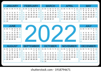 Calendar 2022 yearly. Week starts on Sunday. Vector illustration.